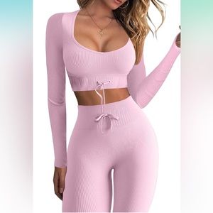 2pc pink Seamless Workout set LS Crop Top Ribbed High Waist Leggings- Small nwot